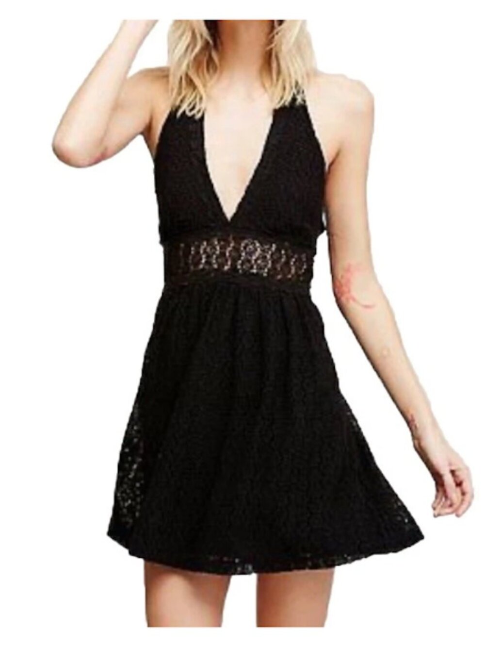 FREE PEOPLE Black Halter Dress Lace Cutout Fit & Flare Mini Cocktail Party